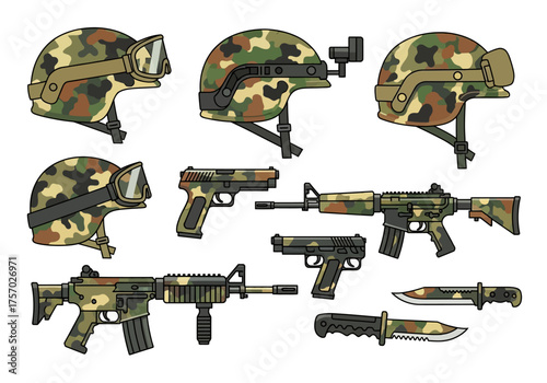 Camouflage military gear helmets pistols rifles and knives