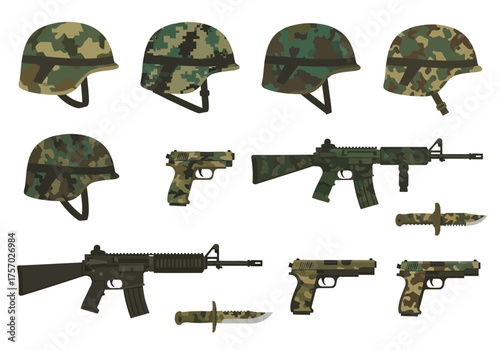 Camouflage military gear includes helmets pistols rifles and knives on a white background