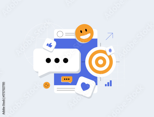 Social media engagement. Influencer audience interaction, post sharing, likes and comments. Brands connect with followers to increase communication and social community growth vector illustration