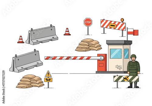 Cartoon military checkpoint with concrete barriers guard booth  soldier