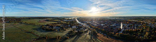 Aerial Panorama of Greifswald on an Autumn Morning after Sunrise, View toward Greifswalder Bodden
