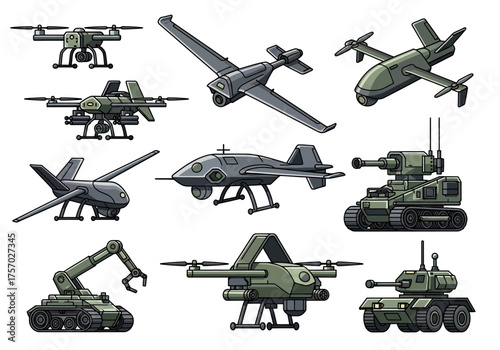 Collection of military drones and robotic vehicles with various designs aerial and ground based