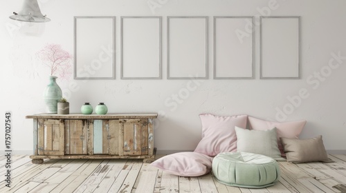 Minimalist Living Room Interior with Wooden Console and Soft Cushions in Neutral Tones