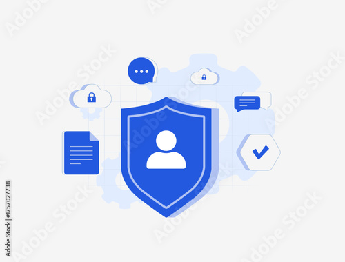 Personal data protection with cloud privacy and cybersecurity policies. Safe communication, GDPR compliance, data protection and risk management for social messenger platforms vector illustration