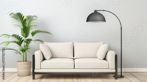 Minimalist Living Room Sofa with Floor Lamp and Green Plant in Modern Interior