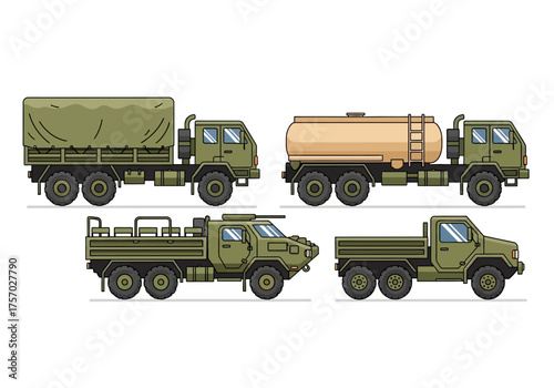 Four green military trucks are arranged in two rows against a white background
