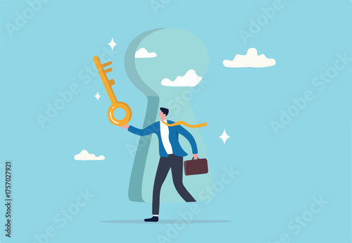 Success secret key discovery, job offer or career opportunity, unlock key to solve problem, leadership key success concept, businessman open door from keyhole to offer secret golden unlock key.