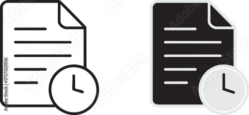 Document with clock icon, representing time management, deadlines, or scheduling, shown in both outline and filled styles isolated on white background
