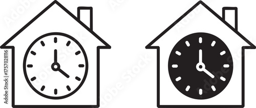 Two simple line art icons of a house with a clock face inside, one black and white, the other inverted, isolated on white background