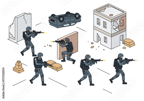 Isometric scene armed figures advance amidst debris ruins  barricades