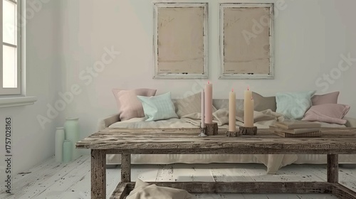 Minimalist Living Room Sofa with Soft Pastel Cushions and Rustic Wooden Coffee Table