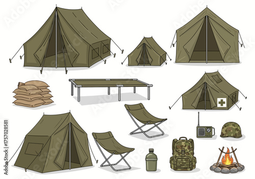 Military camp scene tents cot chairs gear fire
