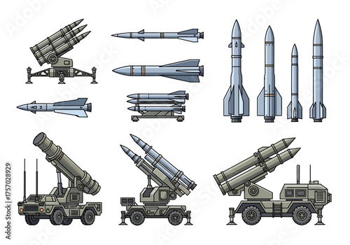 Multiple illustrations of rockets missiles and launchers in pixel art style