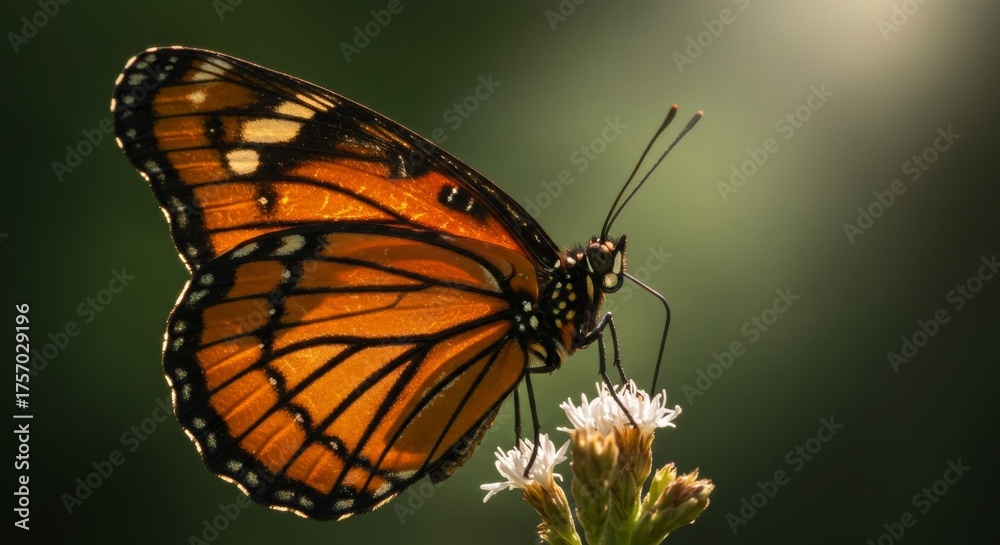 Fototapeta premium Vibrant monarch butterfly gracefully perched on delicate white flower