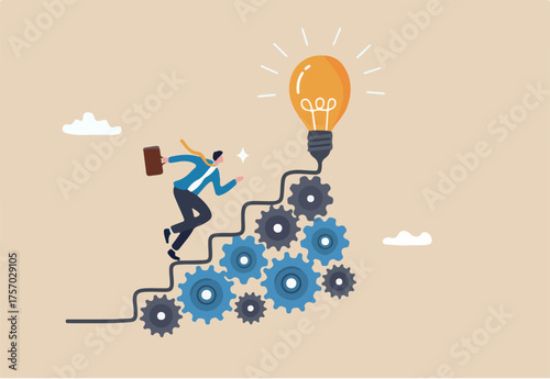 Best practices development, strategy to success or improvement, planning, progress or implementation process, efficiency or productivity concept, businessman running up stair on cogwheel gears system