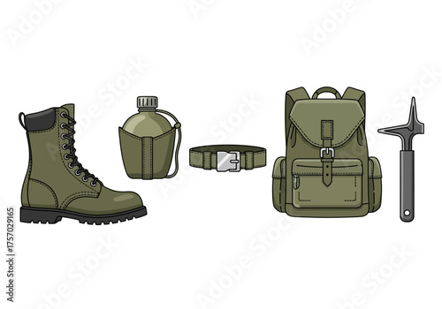 Olive drab boot canteen belt backpack and pickaxe on a white background