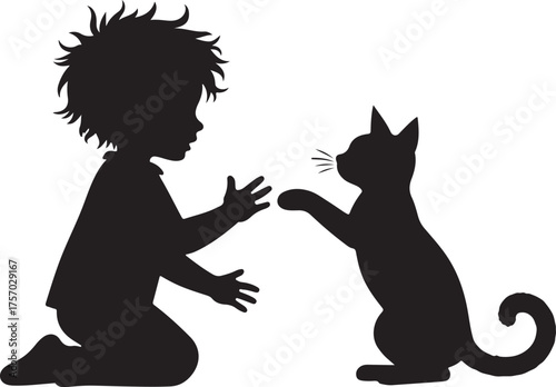 Black silhouette of child playing with cat girl
