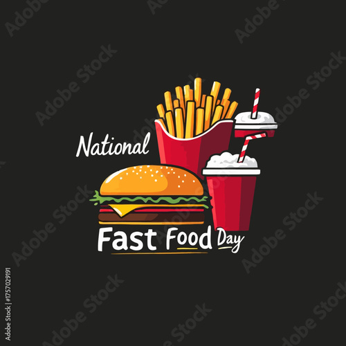 National Fast Food Day illustration with burger, fries, and drink.