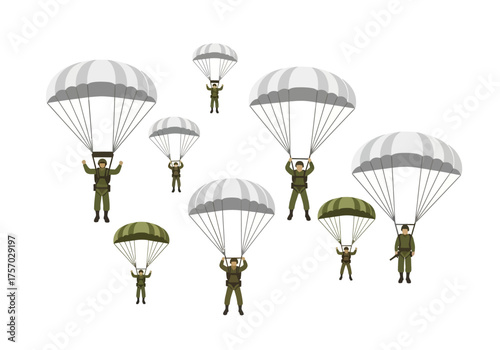 Parachuters descending against a white background