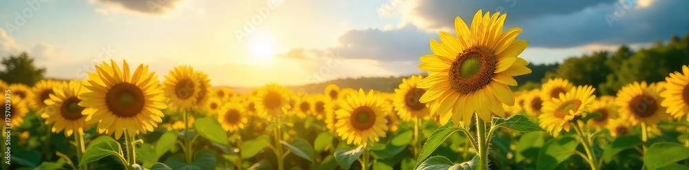 Obraz premium Vibrant sunflowers bask in the golden sunlight, their petals reaching towards the sky in a field of lush green A picturesque scene of summer growth and abundant nature , harvest, sunshine, rural