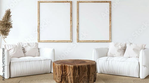 Minimalist Living Room with White Sofas and Wooden Coffee Table
