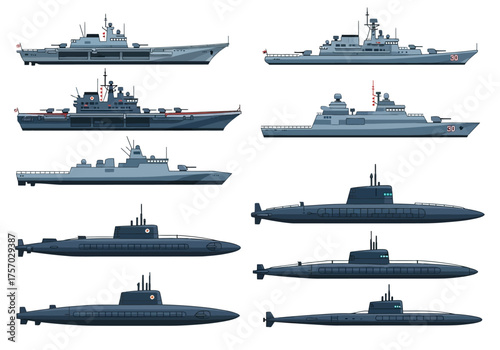 Pixelart display of naval vessels warships  submarines in side profiles