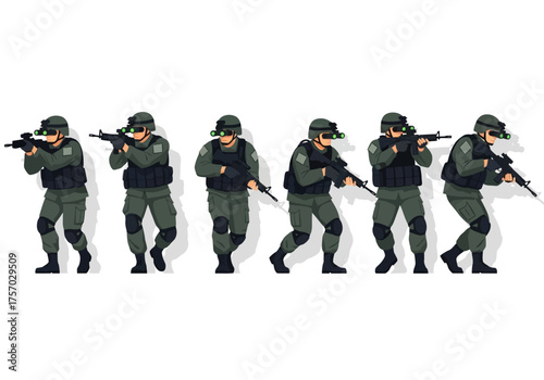 Pixelated soldiers advance with rifles and nightvision gear on a white background