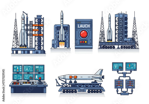 Pixelated space program assets rockets launchpads control panels and a space shuttle
