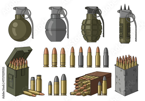Pixelated image of grenades and bullets in containers and lined up