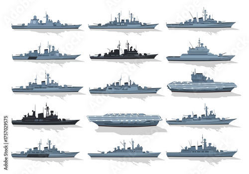 Pixelated warships various naval vessels on white with drop shadows