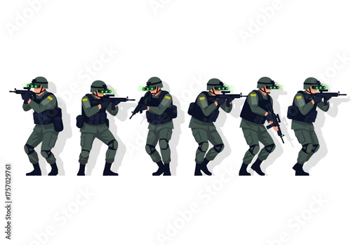 Six soldiers in pixel art wear night vision goggles and tactical gear holding weapons against a white background