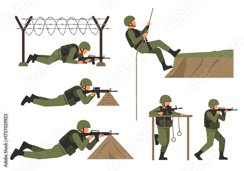 Soldiers in an obstacle course crawling aiming rappelling climbing