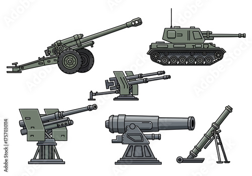 The image shows various artillery pieces including cannons mortars and antiaircraft guns