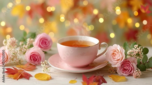 A cozy, serene video of a steaming cup of tea surrounded by autumn leaves and pink roses with soft fairy lights