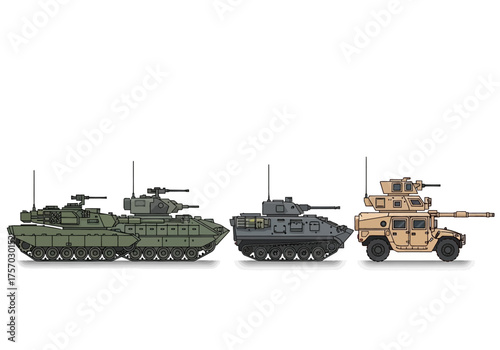 Three military vehicles are displayed in a row a tank a smaller tank and a turreted truck