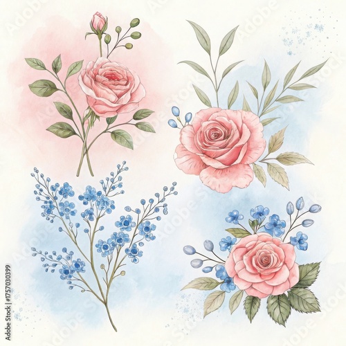 Watercolor floral arrangement with pink roses and blue forgetmenots on a soft background