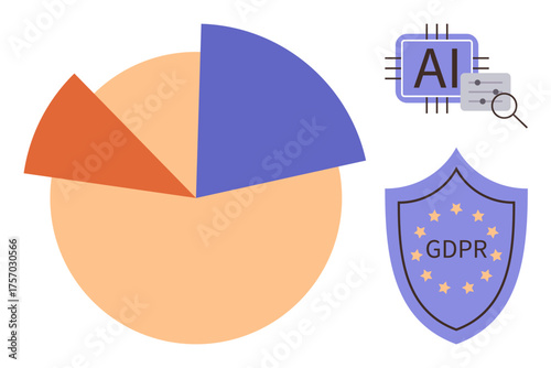 Pie chart with data segments, AI chip with settings icon, GDPR shield. Ideal for analytics, AI, technology, data security, privacy compliance regulation information processing. Simple flat metaphor