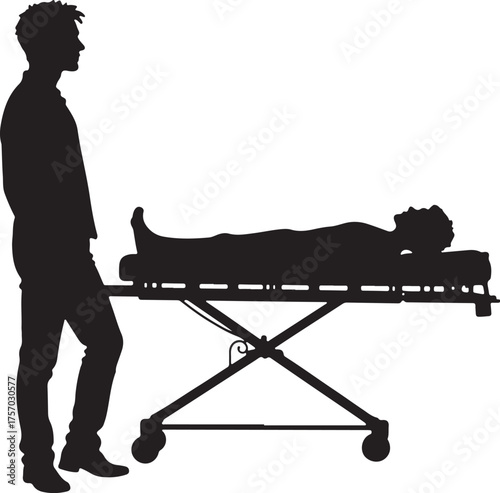 Silhouette man pushing stretcher with person lying down