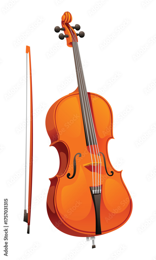 Naklejka premium Cello with a bow, representing classical music and stringed instruments. Vector cartoon illustration
