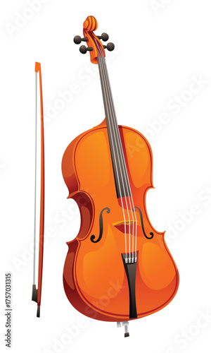 Cello with a bow, representing classical music and stringed instruments. Vector cartoon illustration