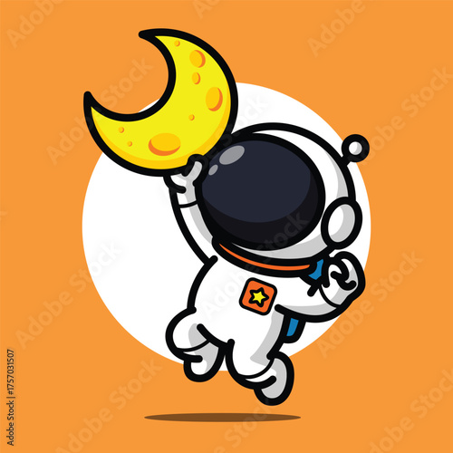 Cute Astronaut Holding Moon Illustration for Space Cartoon Character and Fantasy Dream Concept