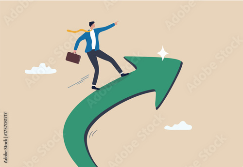 Increase business success, financial achievement, challenge or work performance, upward or rising expertise employee concept, confidence businessman ride upward rising success arrow upward direction