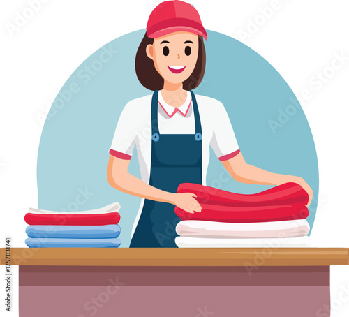 Friendly Laundry Service Worker Folding Clothes on a Table, Professional Housekeeping and Cleaning Staff