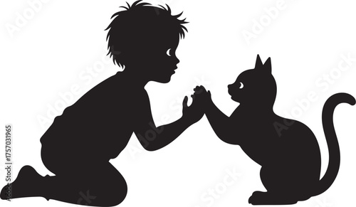 Silhouette of child and cat touching paws interaction