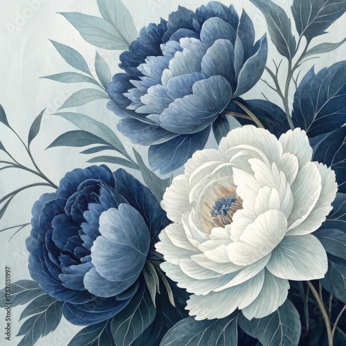 Elegant watercolor painting of blue and white peonies with dark green leaves, creating a sophisticated floral arrangement
