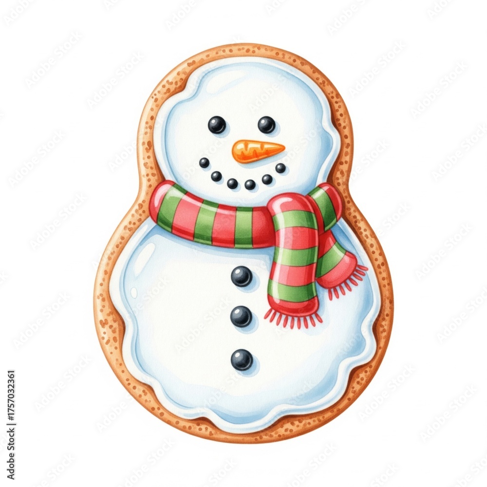 Fototapeta premium Snowman Shaped Gingerbread Cookie with Scarf on White Background