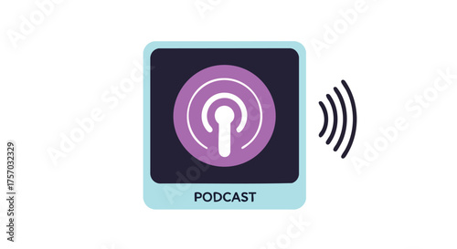 A stylized podcast icon with a microphone symbol within a purple circle, emitting sound waves, representing audio content and online broadcasting for digital media.