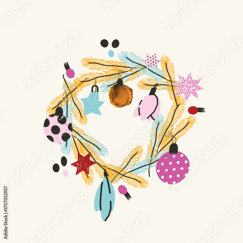 Christmas wreath with tree toys and berries. New Year postcard, illustration, print, invitation