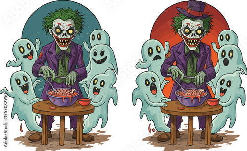 Cartoon horror jester, spot the difference puzzle, creepy character, ghost figures, green hair, cad drawing flat vector illustration