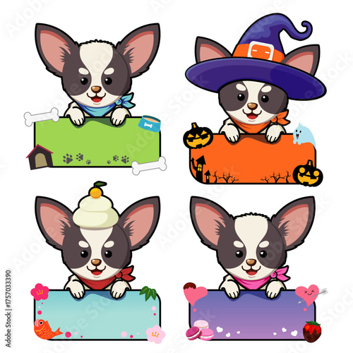目を引く！ゆるカワ、チワワが案内する愛らしい看板イラストセット - 4種セット（ノーマル・正月・ハロウィン・バレンタイン）